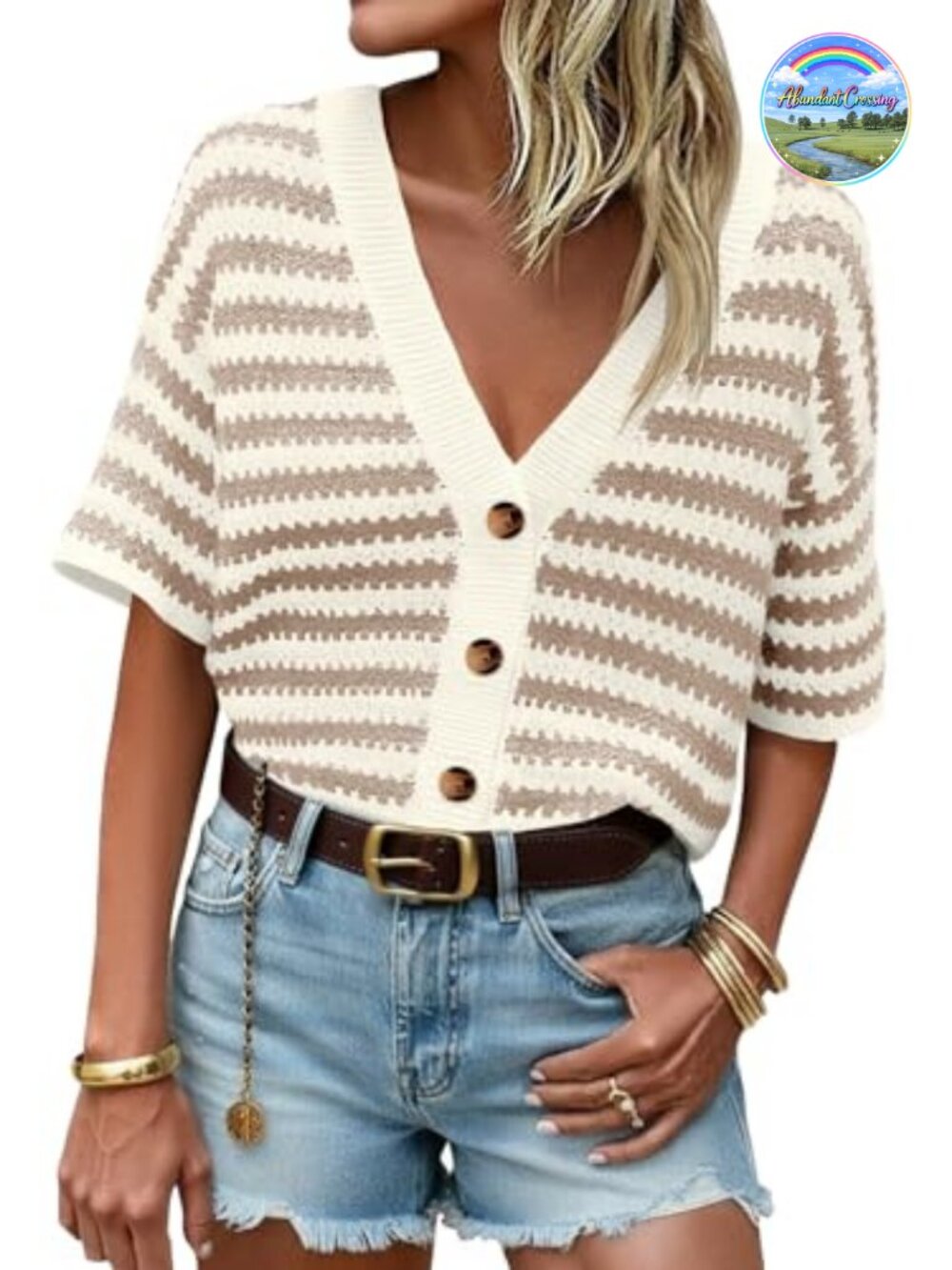 Striped Short Sleeve Button Up Crochet Cardigan Sweater